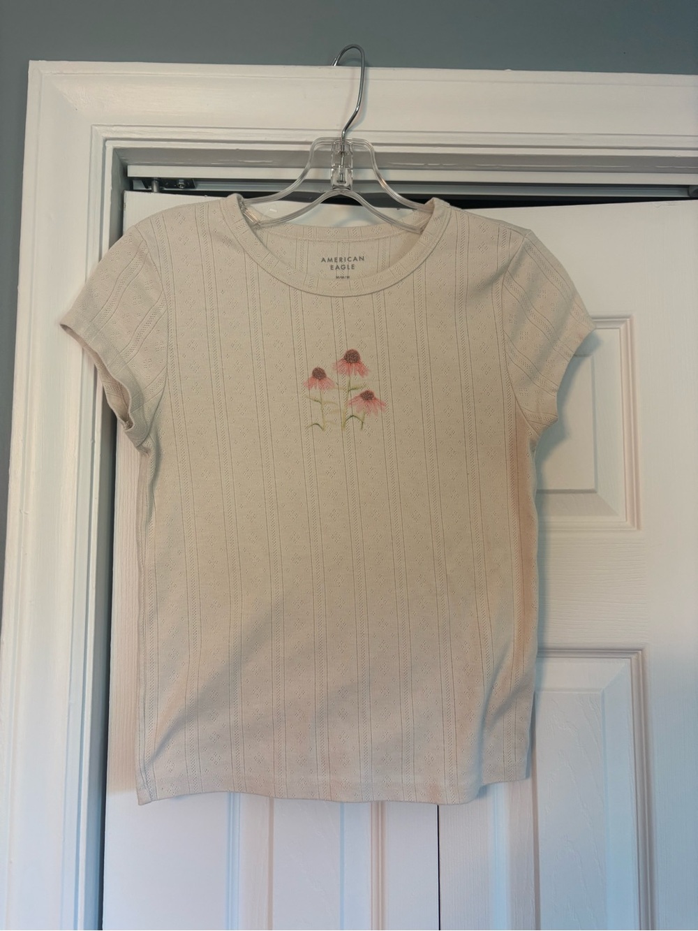 American Eagle Outfitters Cream Short-Sleeve Ribbed Tee with Pink Floral Detail